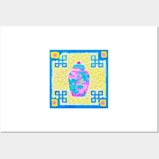 Pink, yellow and blue chinoiserie jar Posters and Art